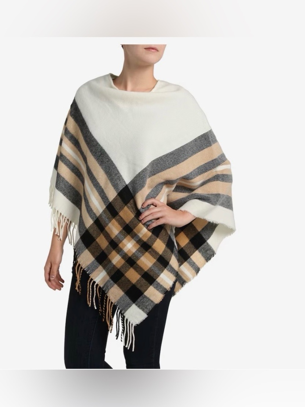 Kelly & Katie Plaid Fringe Poncho in Cream, Camel & Gray